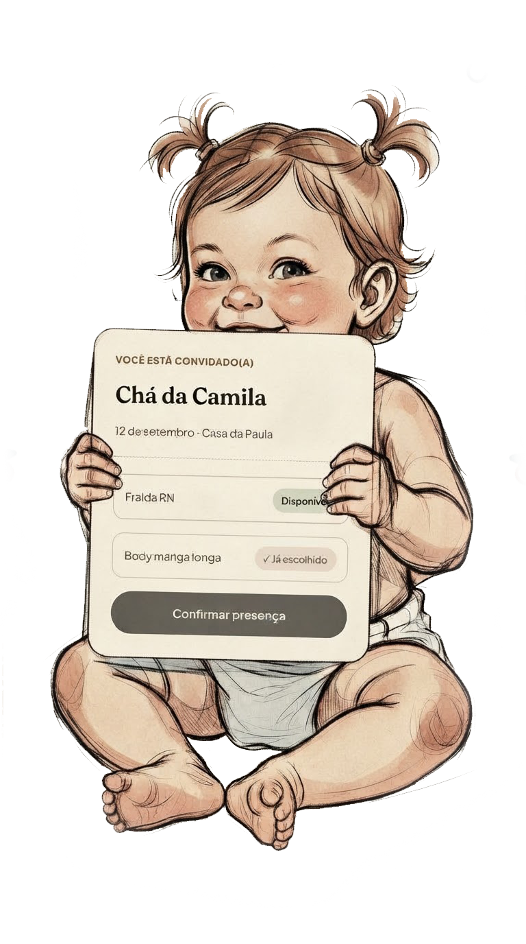 Bebê segurando o cartão de convite do Chá da Camila